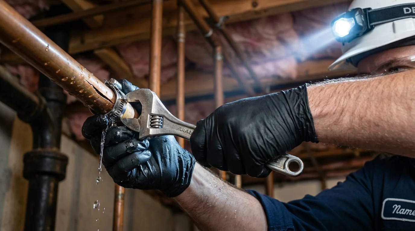 Emergency pipe clamp repair being performed by a Johns Plumbing LLC plumber in Langley