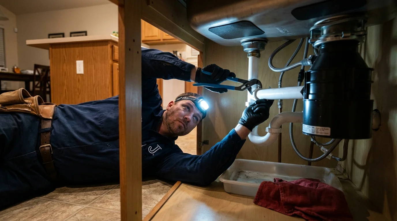 P-trap and supply line connections under a kitchen sink showing a common leak point in Langley, WA